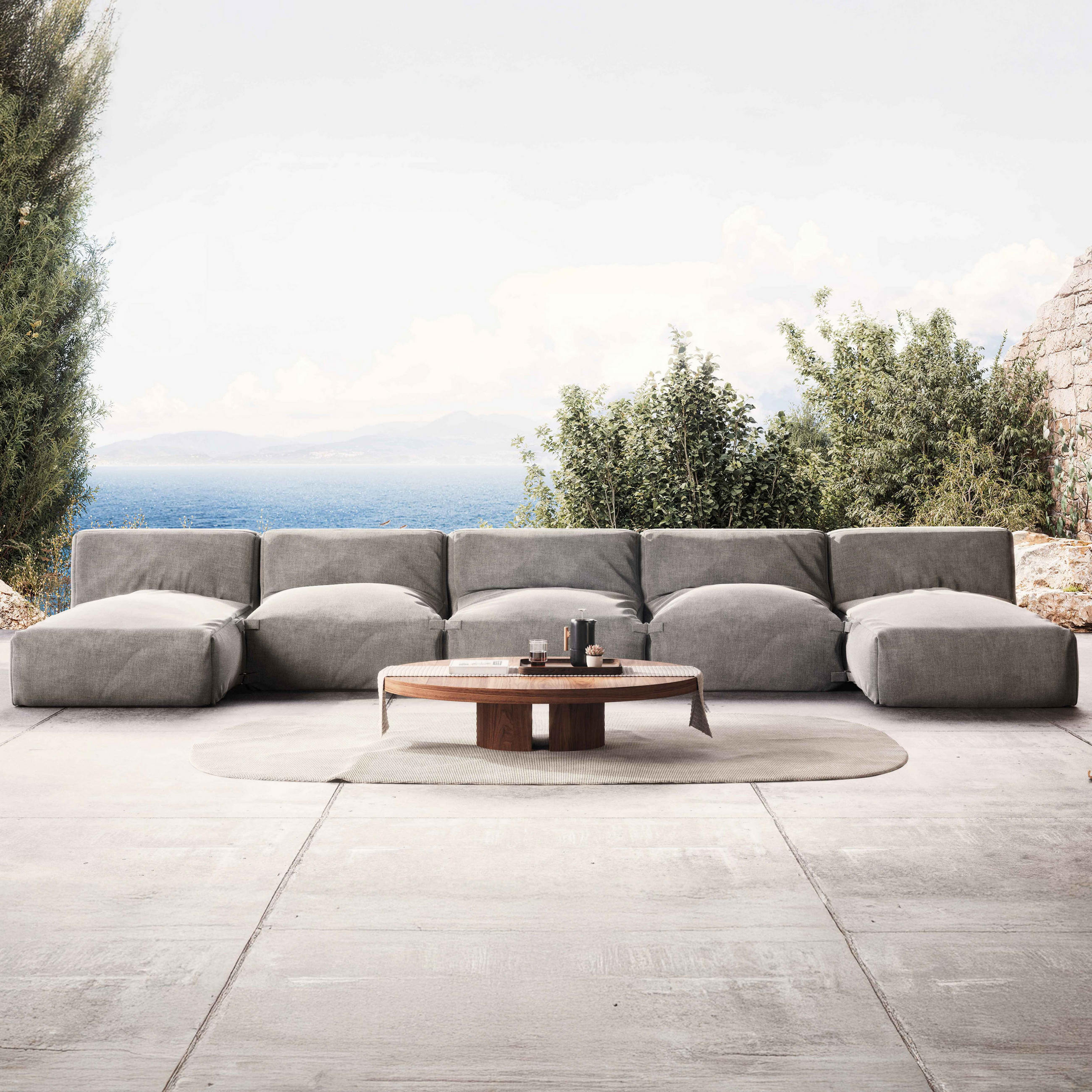 GARTENSOFA mit 5 Sitzplätzen, Grau - Grau, Textil - Oviala