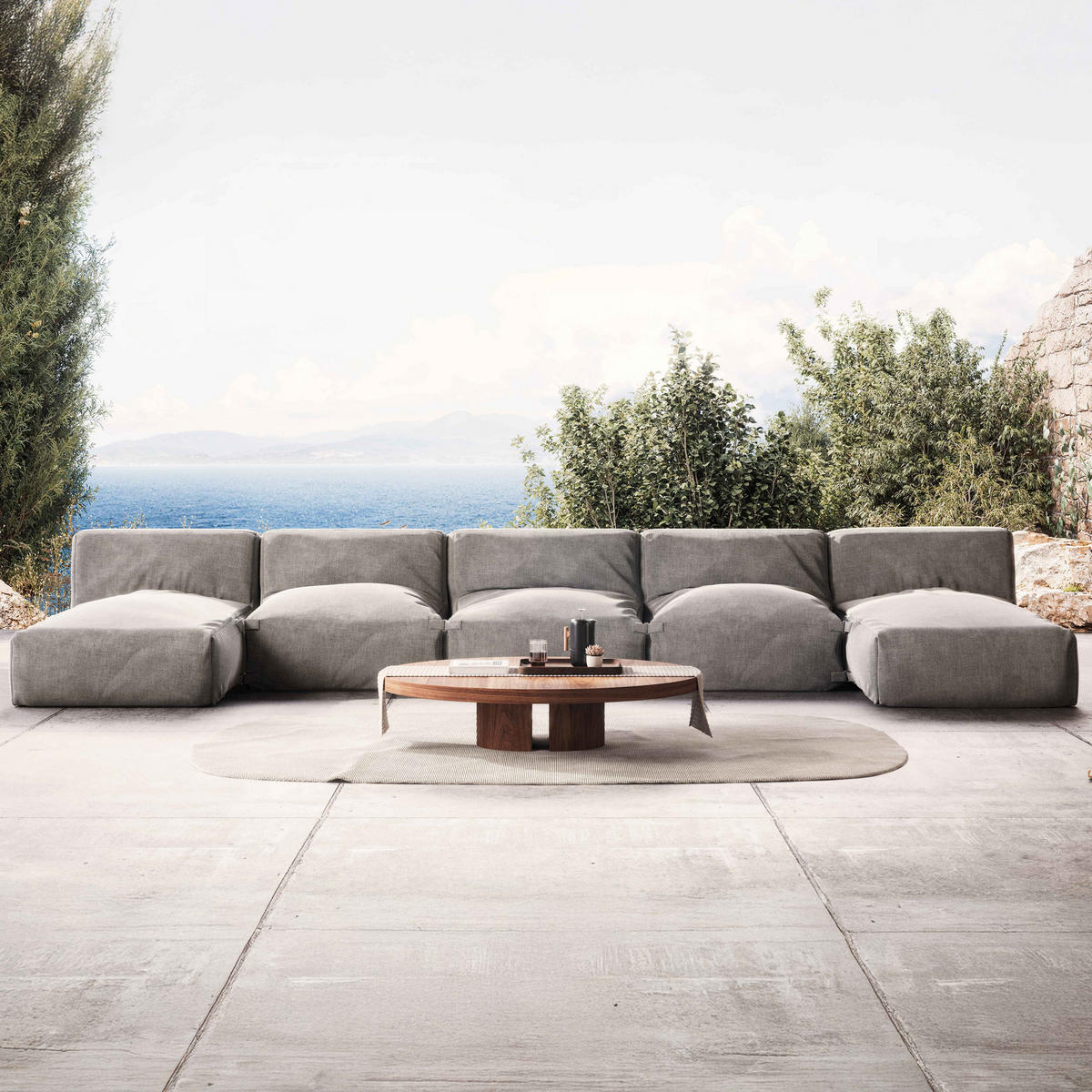 GARTENSOFA mit 5 Sitzplätzen, Grau - Grau, Textil - Oviala