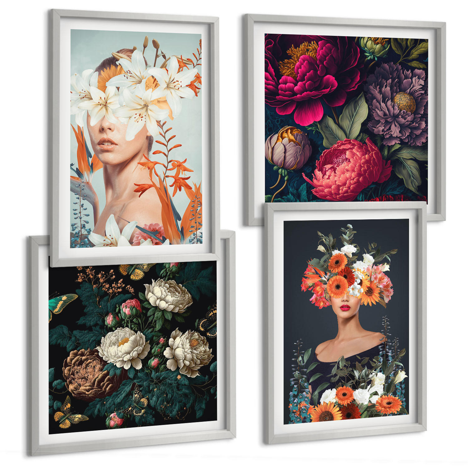 BILDER SET 4er Set - 50x50 cm & 40x60 cm Silberner Rahmen - Blumenporträts, Sträuße, Blätter - Silberfarben, Kunststoff (50/50cm) - TULUP