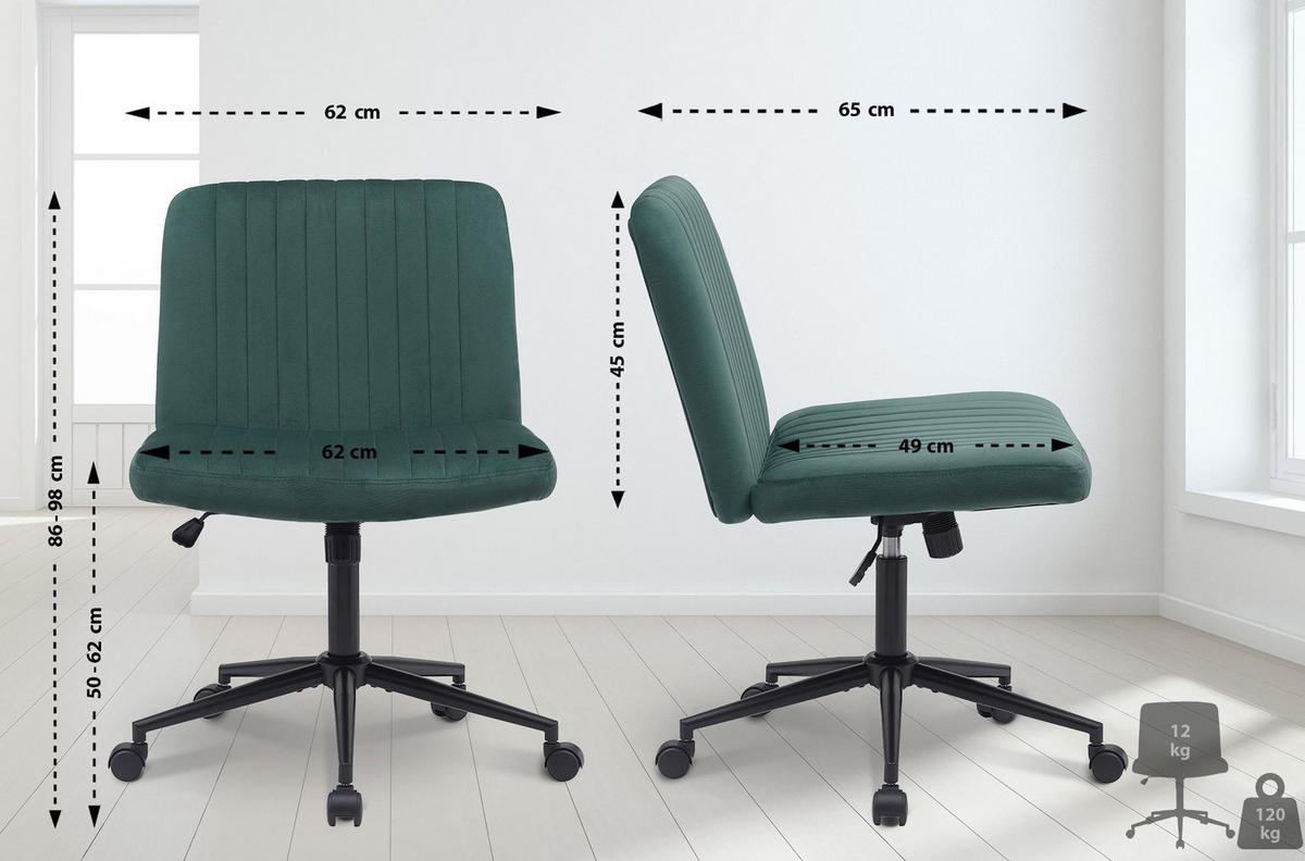 BÜROSTUHL Lynox Samt grün - Schwarz/Grün, Metall (62/98/65cm) - TPFLiving
