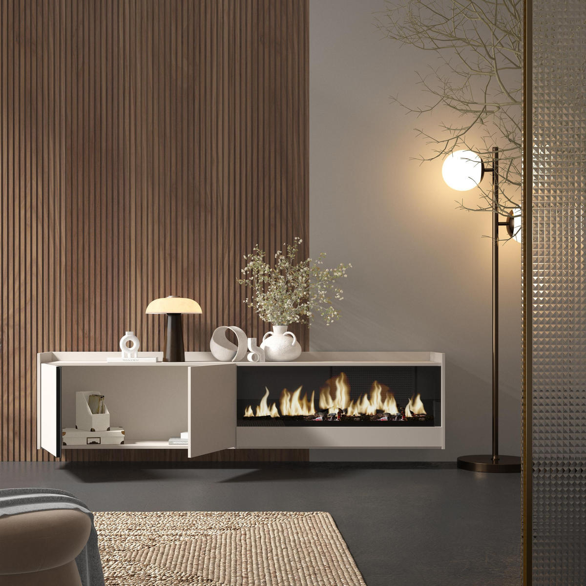 LOWBOARD, Beige, 212/35/50cm, Kamin mit Feuereffekt XXL - Beige, Holzwerkstoff (212/50/35cm) - Skraut Home