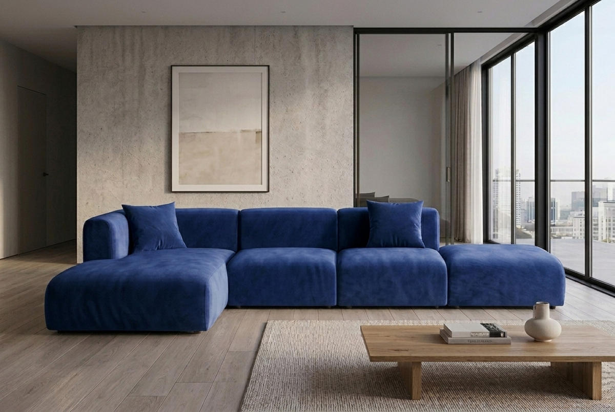ECKSOFA L-Form Mit Hocker, Velvet-Stoff Bluvel, Tintenblau, Links, GRETA - Blau, Holz (386/179cm) - Kaiser Möbel