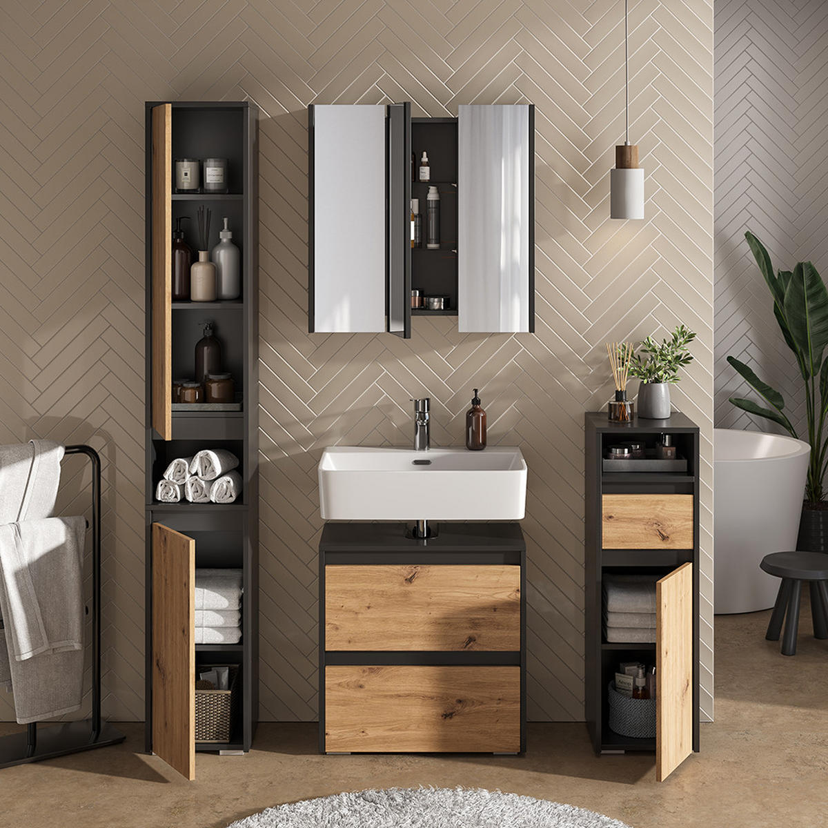 MIDISCHRANK Majest Anthrazit/Artisan 30.2 x 96.3 cm mit Schublade und Tür - Anthrazit/Hellgrau, Holzwerkstoff (30.2/96.3/30cm) - Vicco