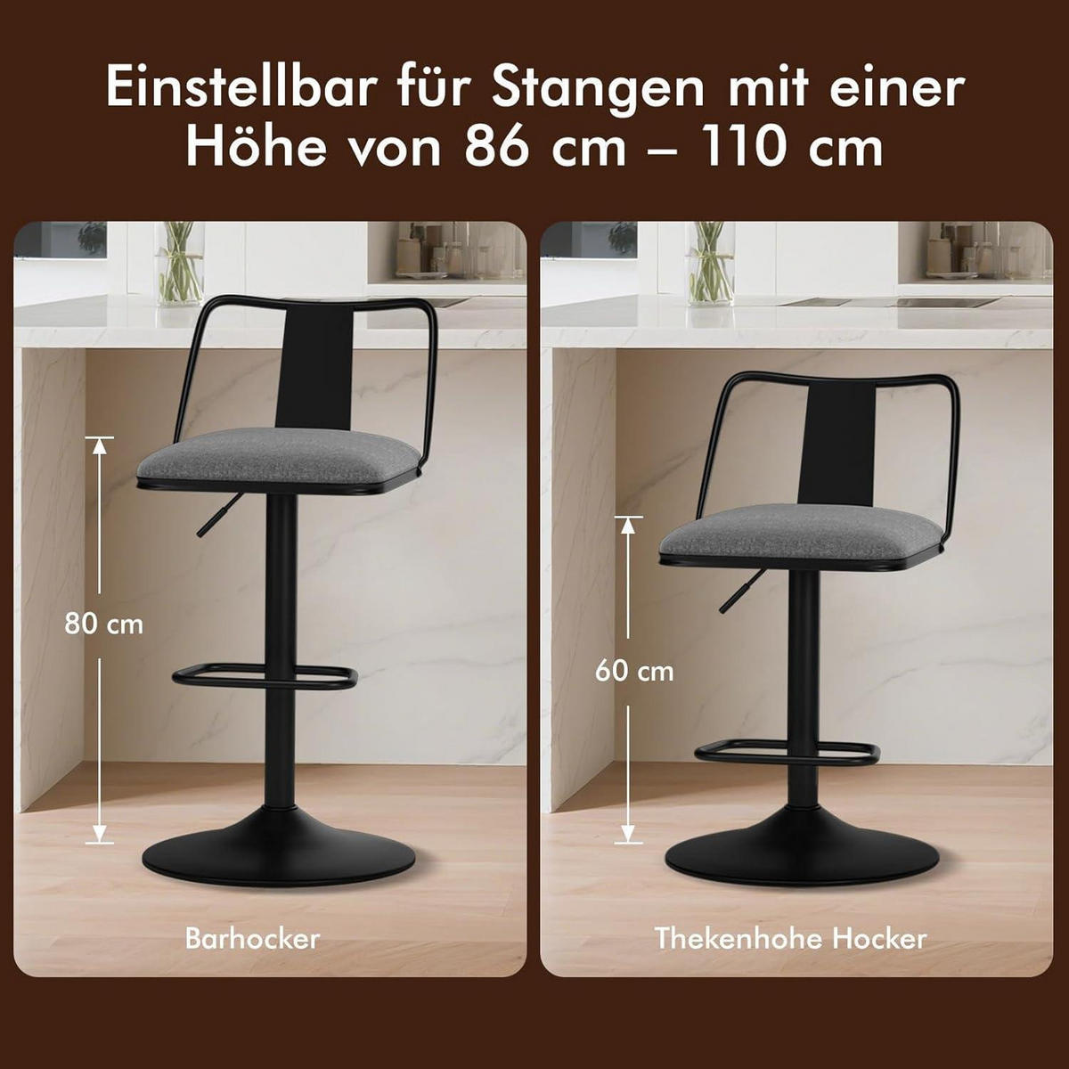 BARHOCKER 2-teiliges Set höhenverstellbar mit Rückenlehne Grau Textil - Grau, Textil (43/102/43cm)