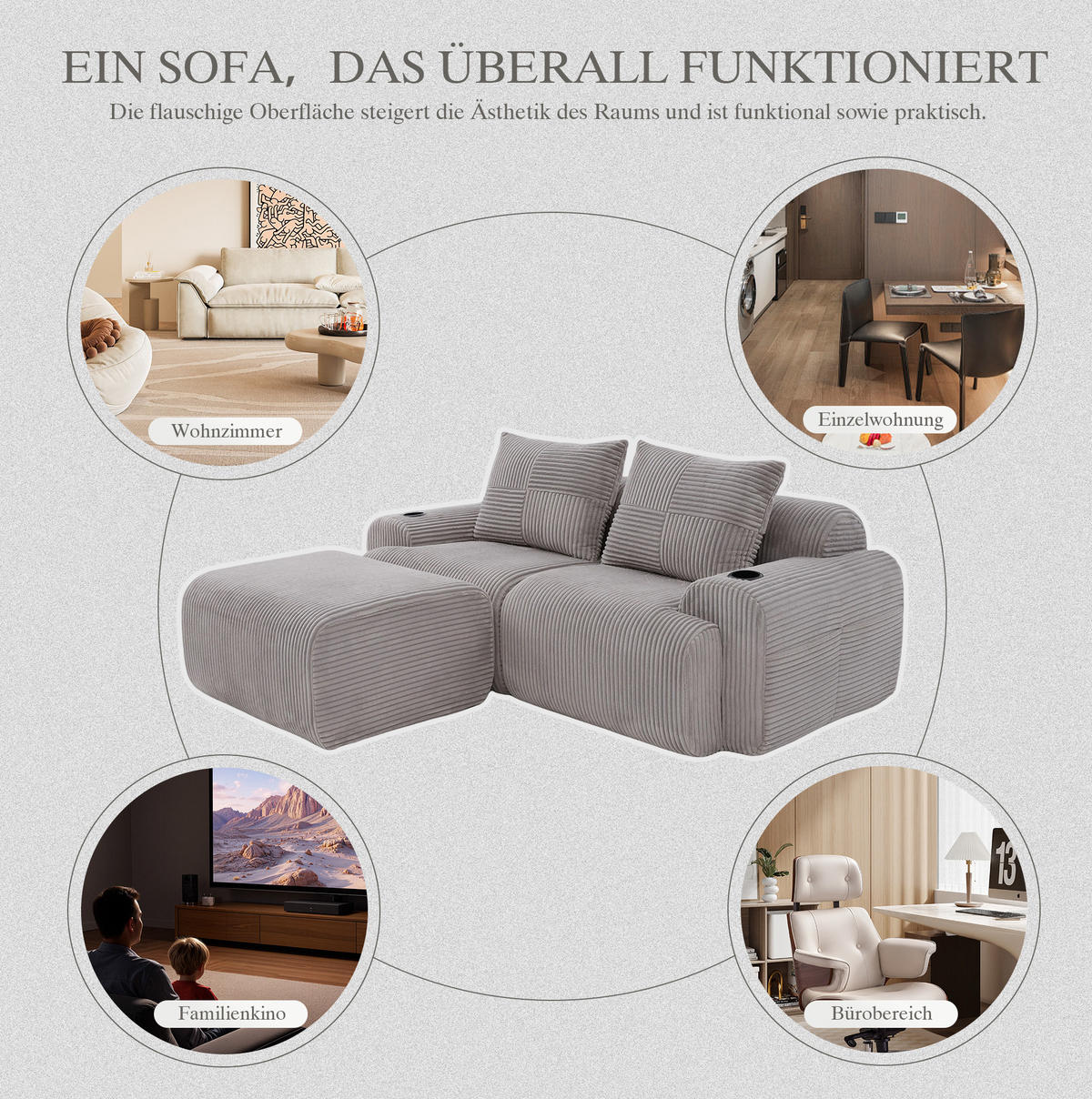 SOFA 200/174/80 cm in Hellgrau aus Cord mit Cupholder und Tasche - Hellgrau, Textil (174/80/200cm) - Flora Grace