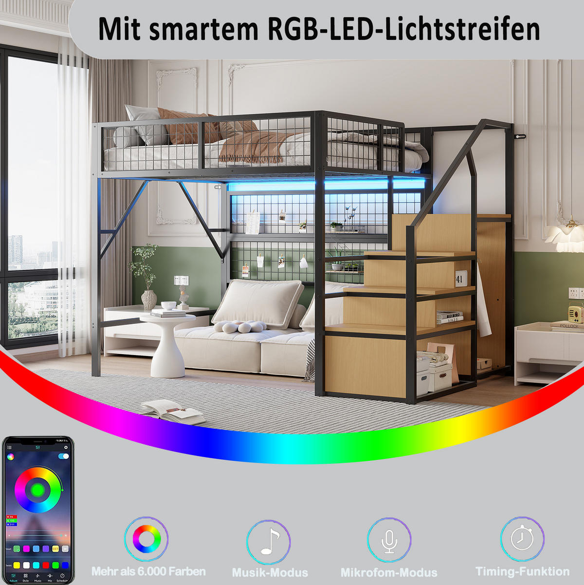 HOCHBETT 140/200 cm Schwarz aus MDF und Metall mit Stauraum - Schwarz, Metall (140/200cm) - OKMYHOME