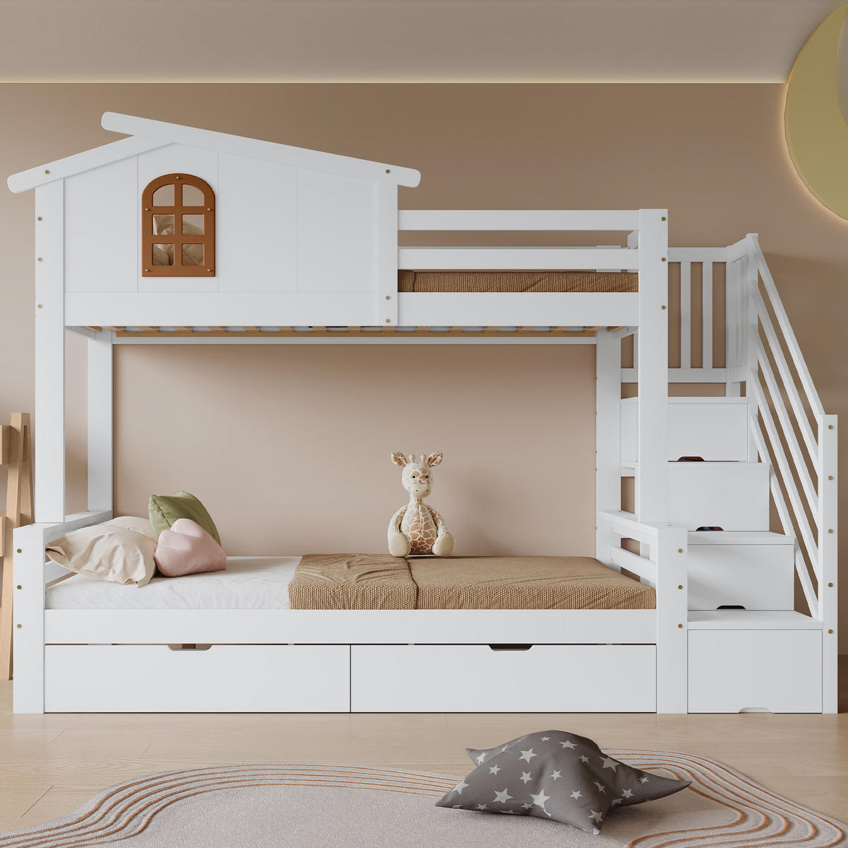 ETAGENBETT 90x200cm & 120x200cm, Zwei Schubladen mit Rollen, Weiß+Natur - Weiß, Holz (120/200cm) - KOMHTOM