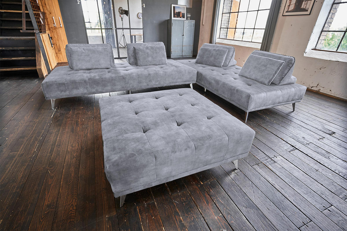 MODULSOFA MIT HOCKER WIOLO Grau Velvet - Silberfarben/Grau, Textil/Metall (350/80/350cm) - KAWOLA