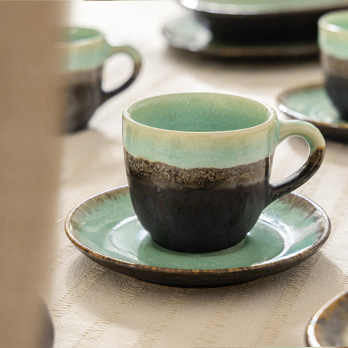 KAFFEETASSE PRIMA, mit Untertasse, 6-tlg, Salbeigrün - Salbeigrün, Keramik (11/7/9cm) - KONSIMO®