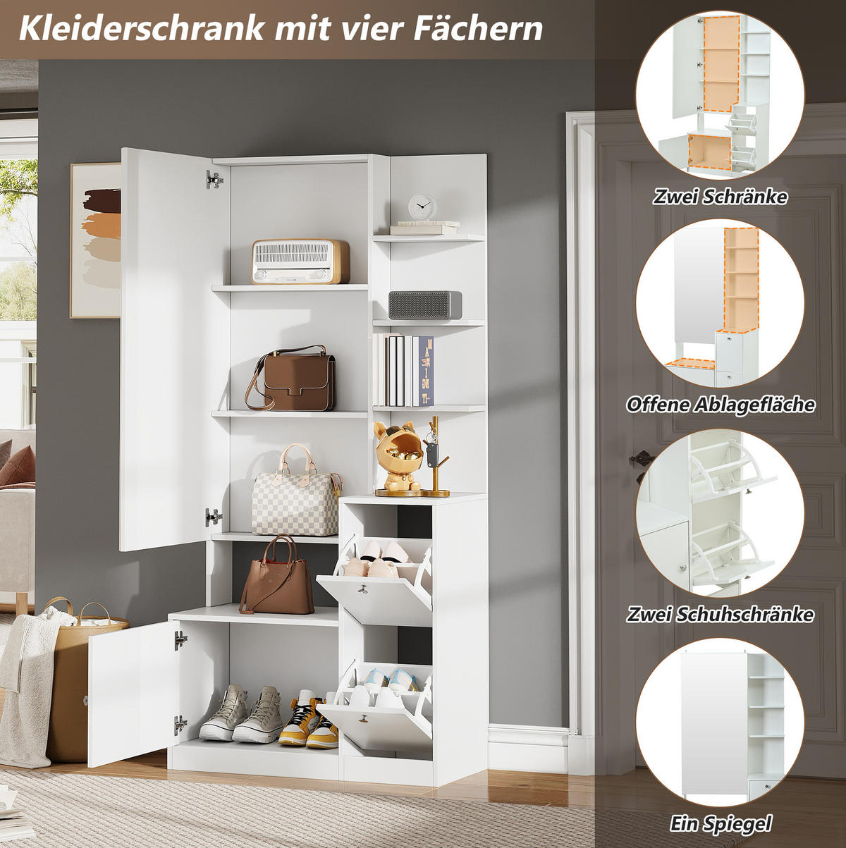 FLURSCHRANK 85/40/180 cm mit Spiegel, 2 Schuhschränken, 5 offenen Ablagen und Spanplatte, Weiß - Weiß, Holzwerkstoff (85/180/40cm) - Redom