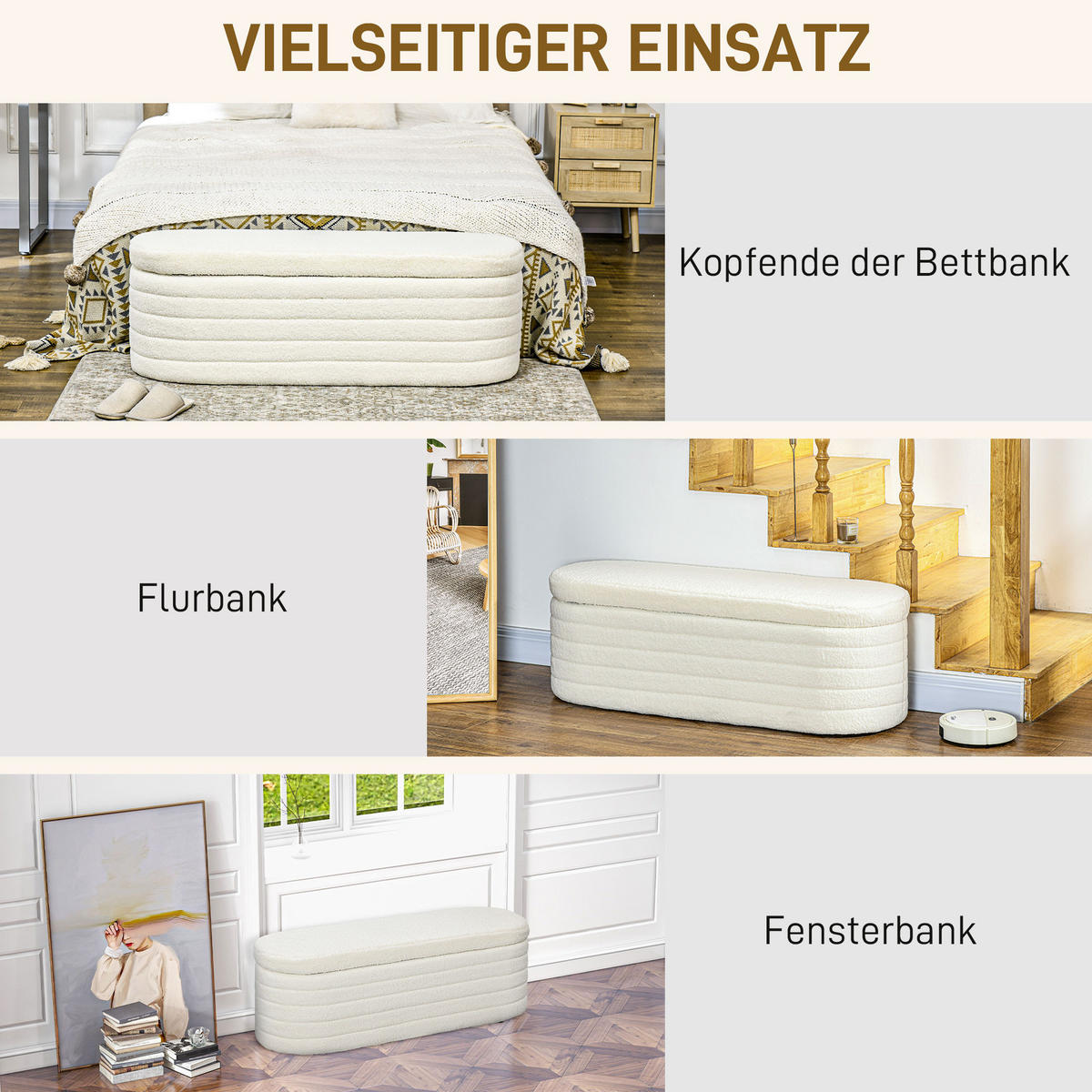 SITZBANK Polsterbank mit Stauraum, Teddy-Vlies-Optik, Bettbank mit Holzbeine - Weiß, Kunststoff (41/40.5/116cm) - HOMCOM