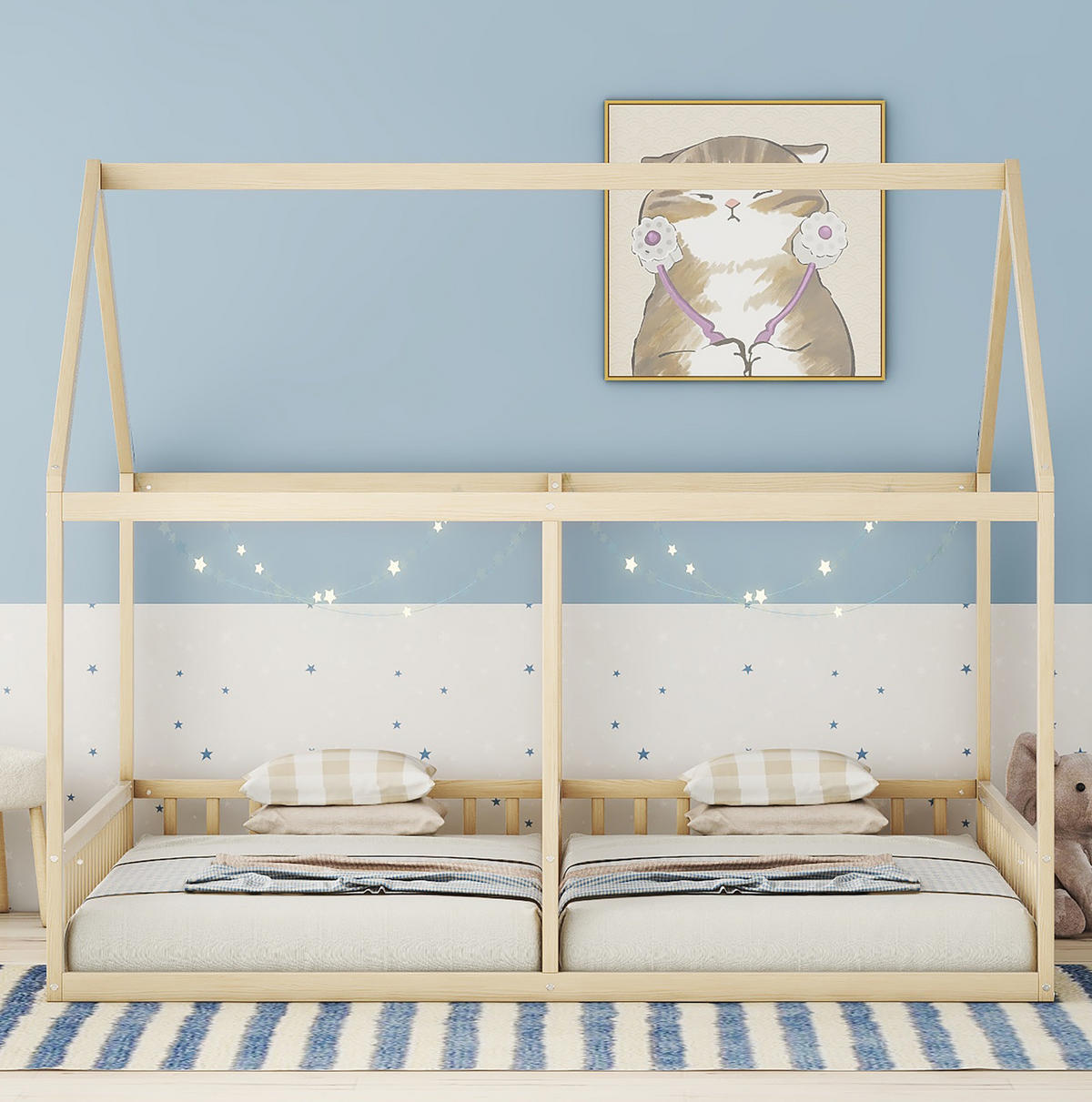 HOLZBETT 2 x 90/200 cm natur mit Dachgestell und Schutzgitter - Naturfarben, Holz (90/200cm) - BEAOK