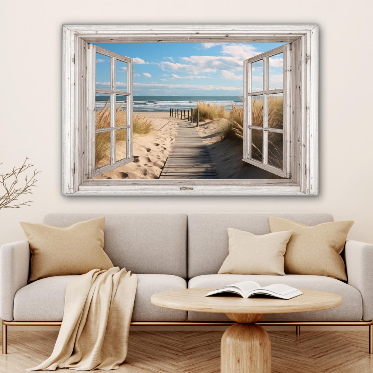 LEINWANDBILD Fenster - Meer - Küste - Natur - Ausblick - Strand - Wattenmeer Wohnzimmer 120x80 cm - Beige, Textil (120/80cm) - MuchoWow