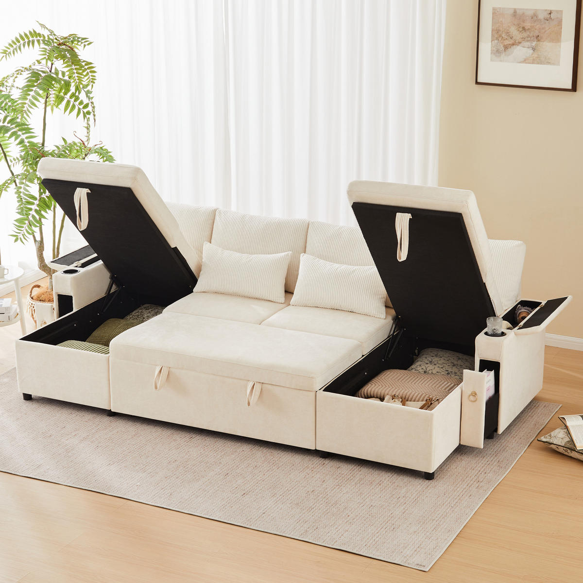 SCHLAFSOFA U-Form mit Getränkehalter und Stauraum, Beige - Beige, Textil (272/84/131cm)