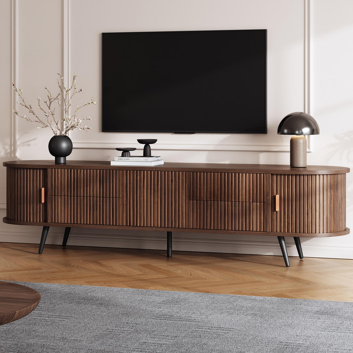 TV-SCHRANK Oval Lowboard Nussbaum 180cm 4 Schubladen Modern - Walnussfarben, Holzwerkstoff (180/45/40cm) - FLIEKS