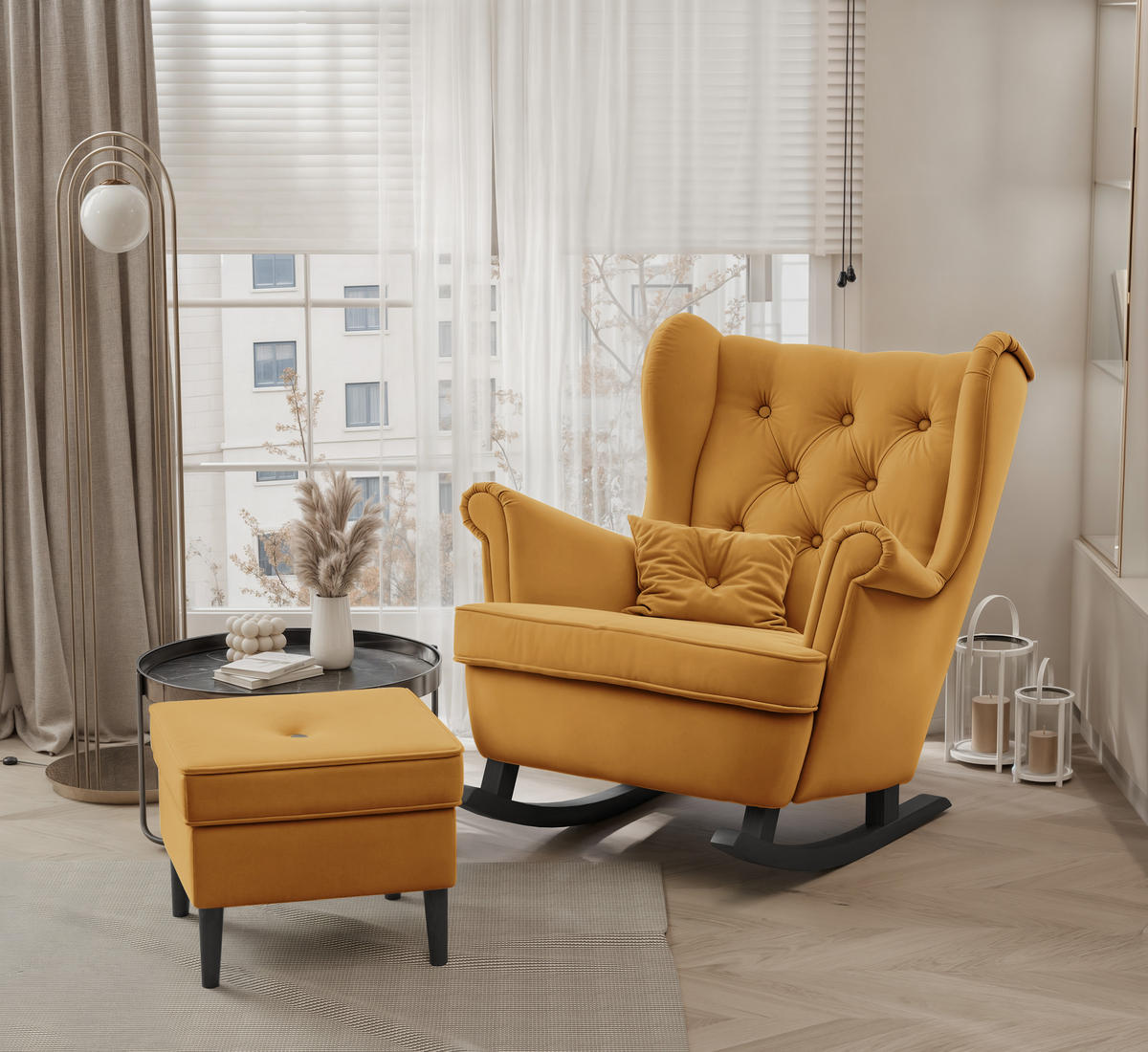 SCHAUKELSESSEL SCANDI mit hocker, Samt Gelb - Gelb, Holz/Textil (75/97/60cm) - Idohome