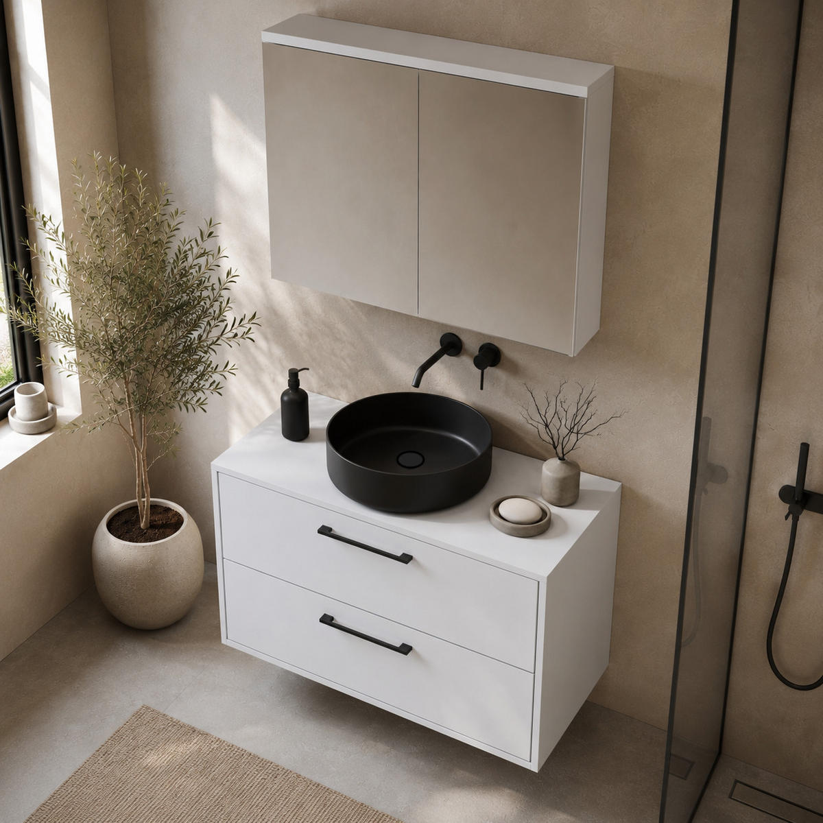 BADMÖBEL-SET Florence 2 Teile Hochglanz Weiß - 80 x 46 x 46 cm - Weiß, Holz (80/46/46cm) - Badplaats