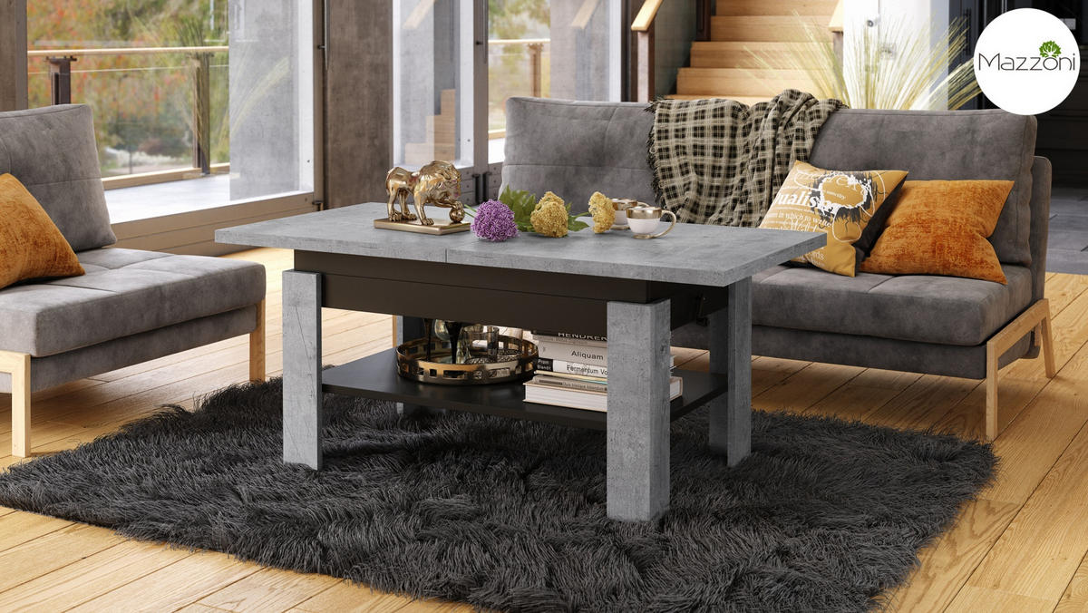 COUCHTISCH rechteckig Beton - Schwarz ausziehbar höhenverstellbar - Hellgrau/Schwarz, Holzwerkstoff (65/130/58cm) - designimpex