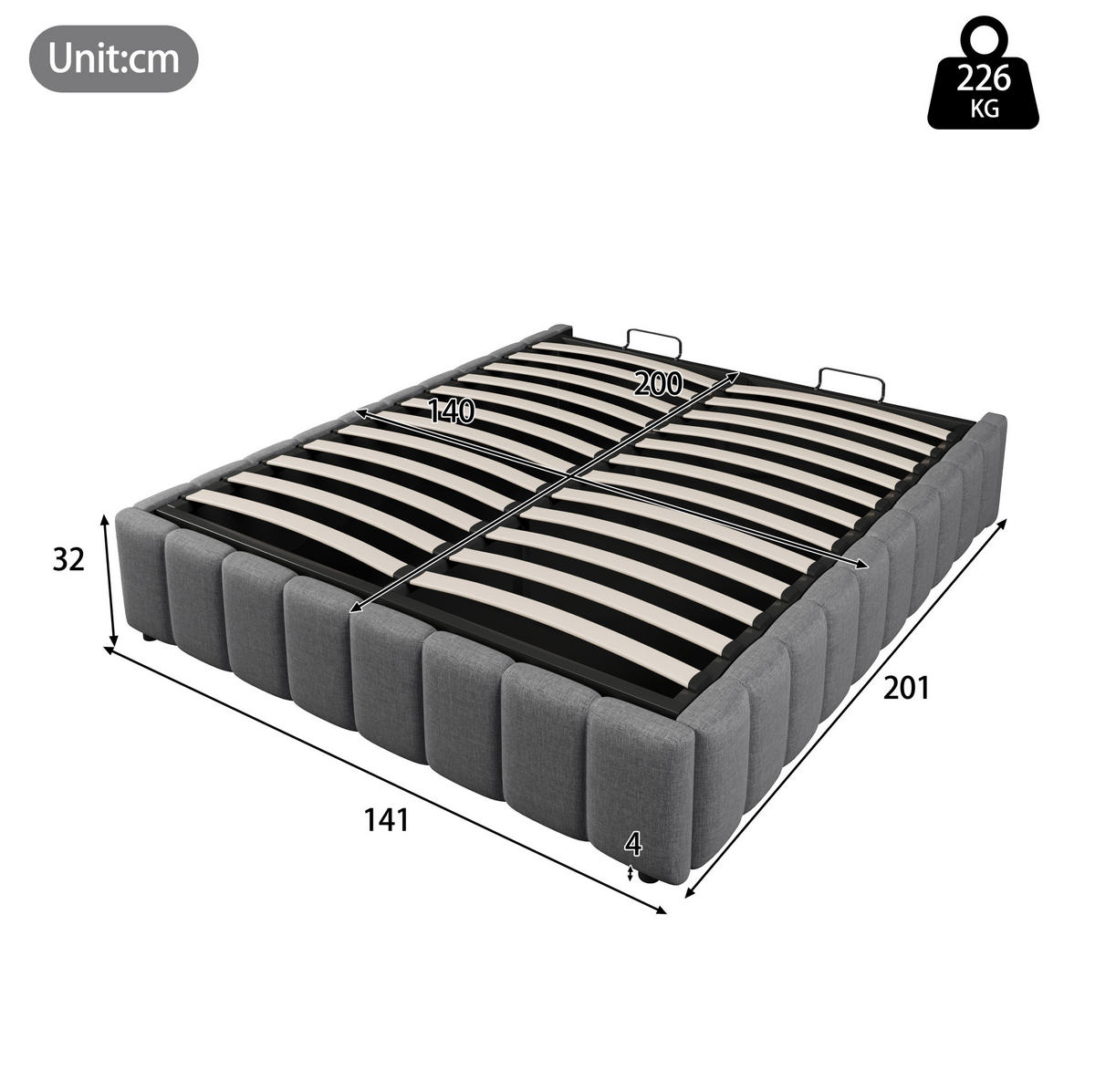 POLSTERBETT mit hydraulischem Stauraum 140x200 cm Leinen Grau - Grau, Metall (140/200cm) - Meubliv