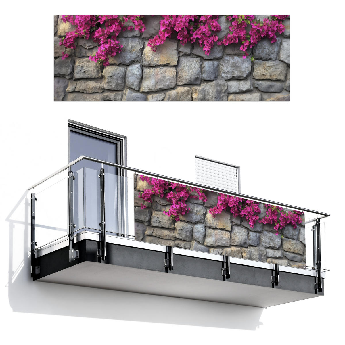 BALKON-SICHTSCHUTZ Bougainvillea - Steinmauer - Rosa - Magenta, Kunststoff (300/110cm) - MuchoWow