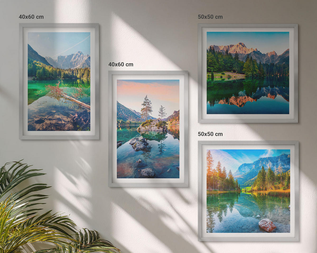 WANDBILDER 4er Set - 50x50 cm & 40x60 cm Silberner Rahmen - Naturlandschaft der Bergseen - Silberfarben, Kunststoff (50/50cm) - ArtPrintCave