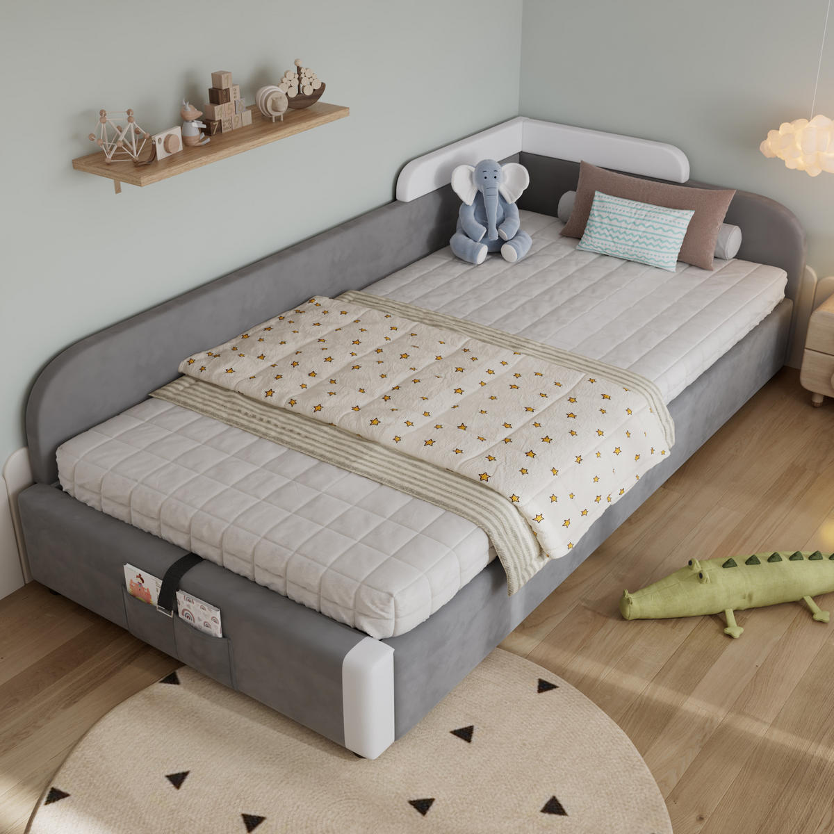 KINDERBETT 90/200 cm in Weiß & Grau Samt mit Bettkasten und Aufbewahrungstasche - Weiß/Grau, Holzwerkstoff/Textil (90/200cm) - WISHDOR