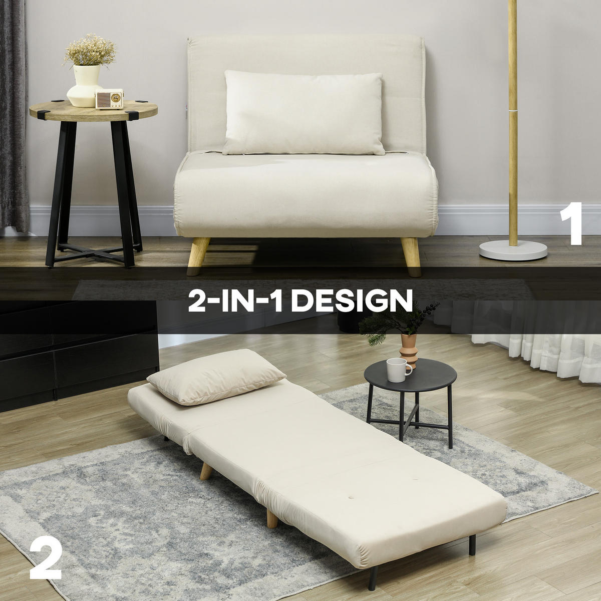SCHLAFSESSEL, Klappsessel mit Bettfunktion, bis 120 kg belastbar, Beige - Beige/Naturfarben, Holz/Textil (78/79/72cm) - HOMCOM