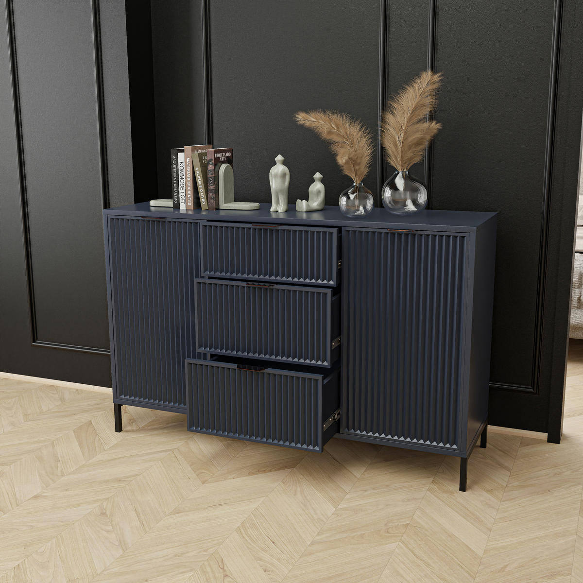 KOMMODE klein Aufbewahrungsschrank mit 3 Schubladen und 2 Türen, Blau - Blau, Holzwerkstoff (135/87/41cm) - Idohome