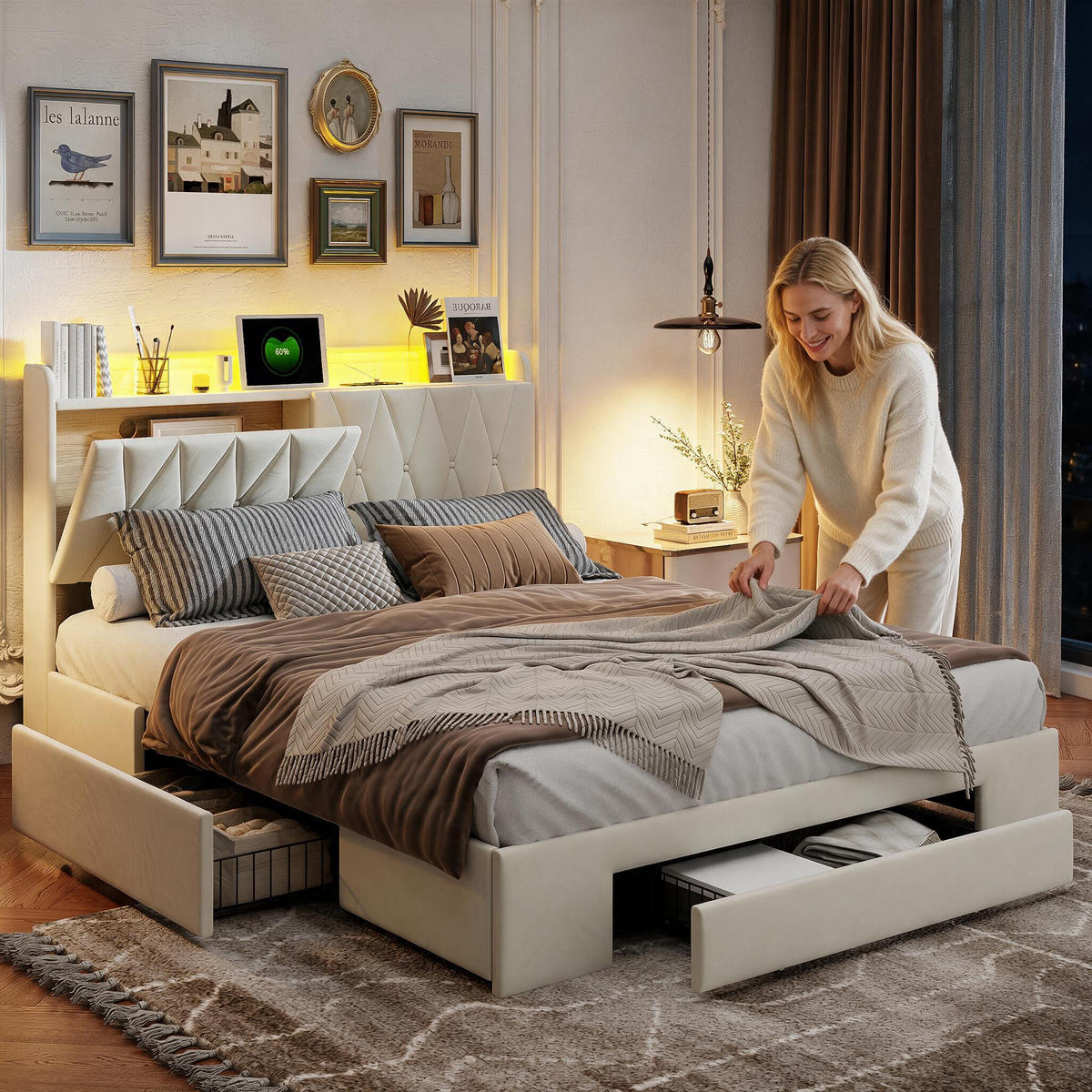 POLSTERBETT 160/200 cm mit Schubkasten‑Stauraum, LED‑Beleuchtung & USB‑Anschluss, Chesterfield‑Samtkopfteil - Beige, Holz/Metall (160/200cm) - Joyfair