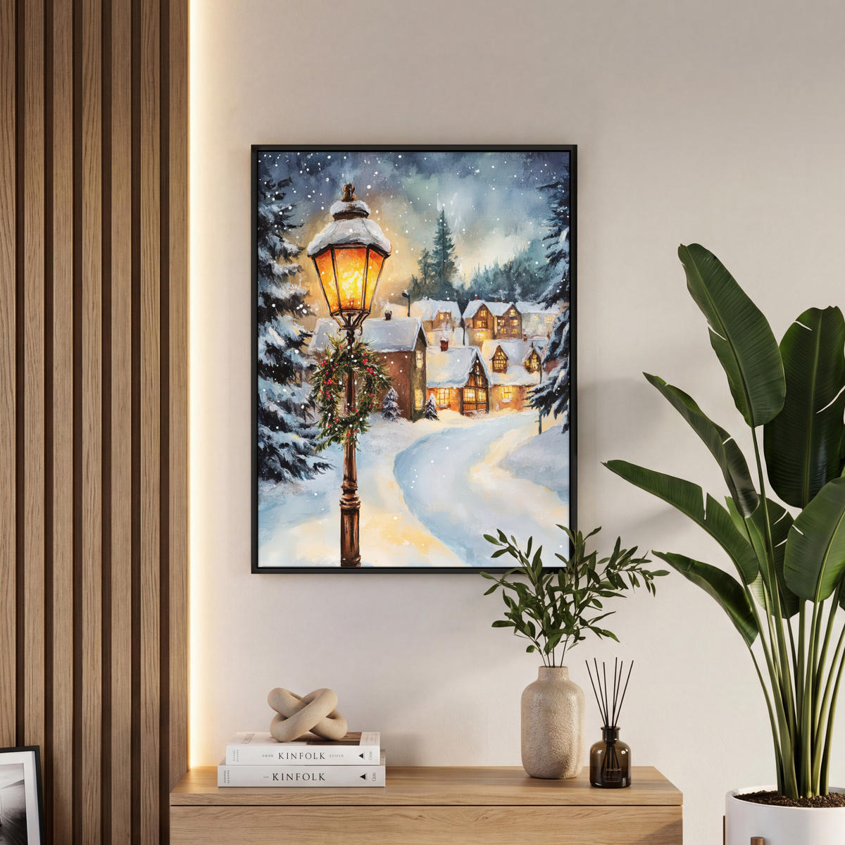 LEINWAND Bilder mit Rahmen - Weihnachtsdorf - Häuser - Schnee - Weihnachten - 60x80 - Sandfarben, Textil (60/80cm) - MuchoWow