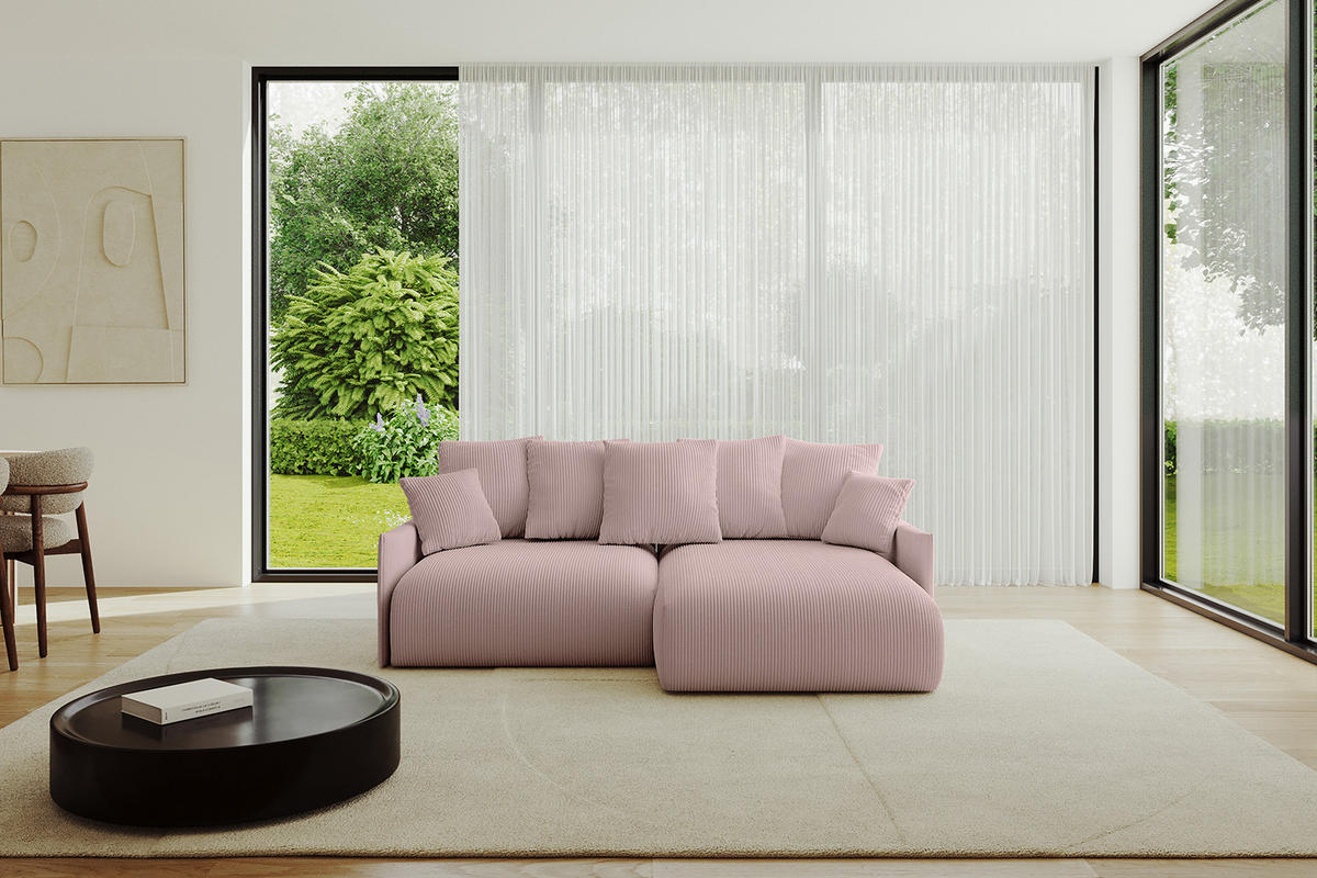 ECKSOFA mit Schlaffunktion und Bettkasten ONESK-L -v1 208x165x40 Rosa Cord - Rosa, Holzwerkstoff/Kunststoff (208/165cm) - ALTDECOR