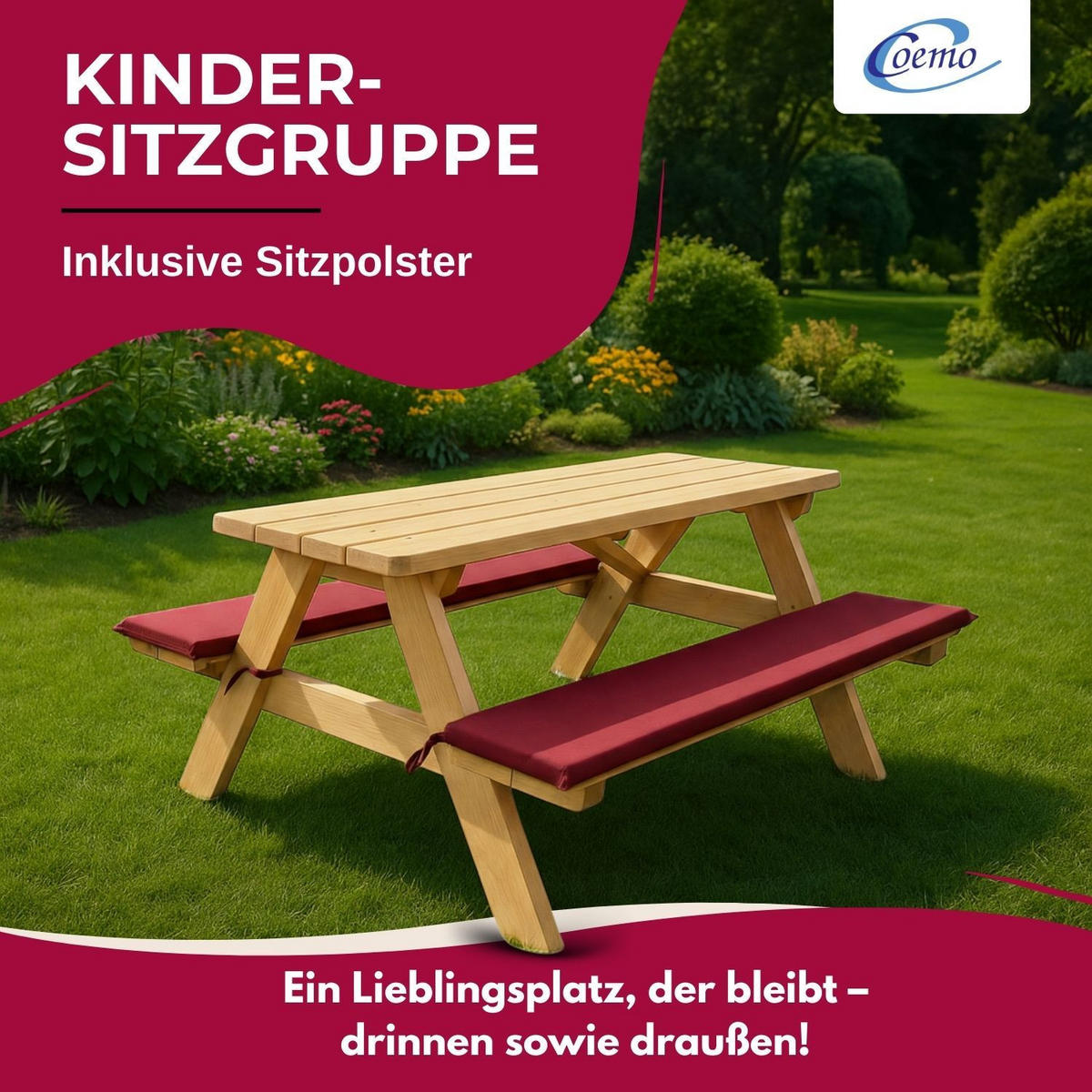 KINDERSITZGRUPPE GARTEN Holz mit Sitzauflagen Farbe Natur 89/79/50 cm - Naturfarben, Holz (79/50/89cm) - Coemo