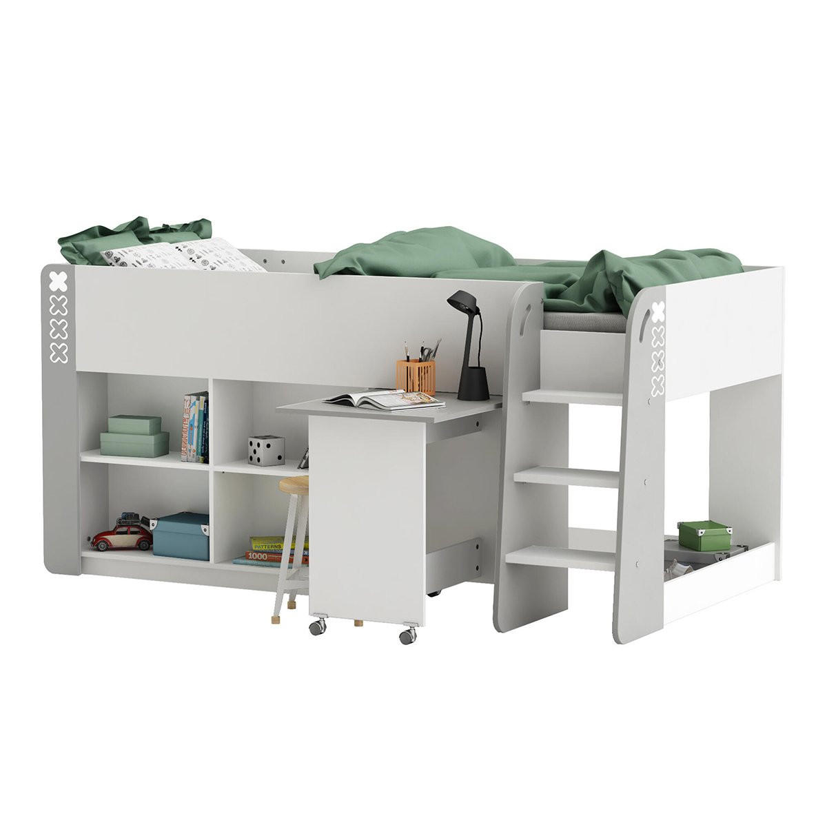 KINDERBETT mit Schreibtisch und Stauraum 90x200 - Hampton - 210,3/124,2/97,8 cm - Grau, Holzwerkstoff (124.2/97.8/210.3cm) - Calicosy
