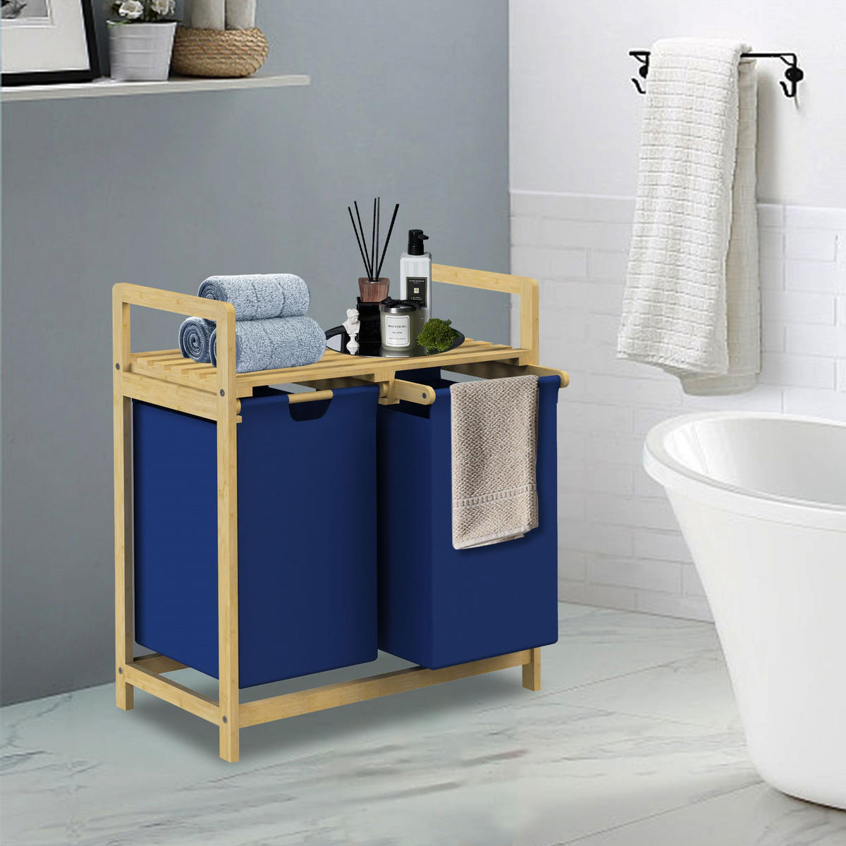 WÄSCHEKORB Bambus Dunkelblau - Blau, Holz (33/73/63cm)