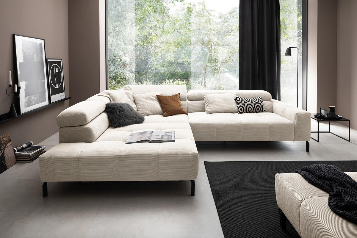 ECKSOFA MIT MOTORISCHEM SITZVORZUG OHIO Weiß Cord - Schwarz/Weiß, Textil/Metall (311/219cm) - KAWOLA