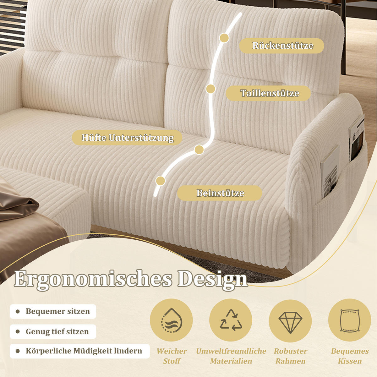 2-SITZER-SOFA Stoffcouch mit Seitentaschen,Cord,Beige - Beige, Textil (120/79/75cm) - LVHOM
