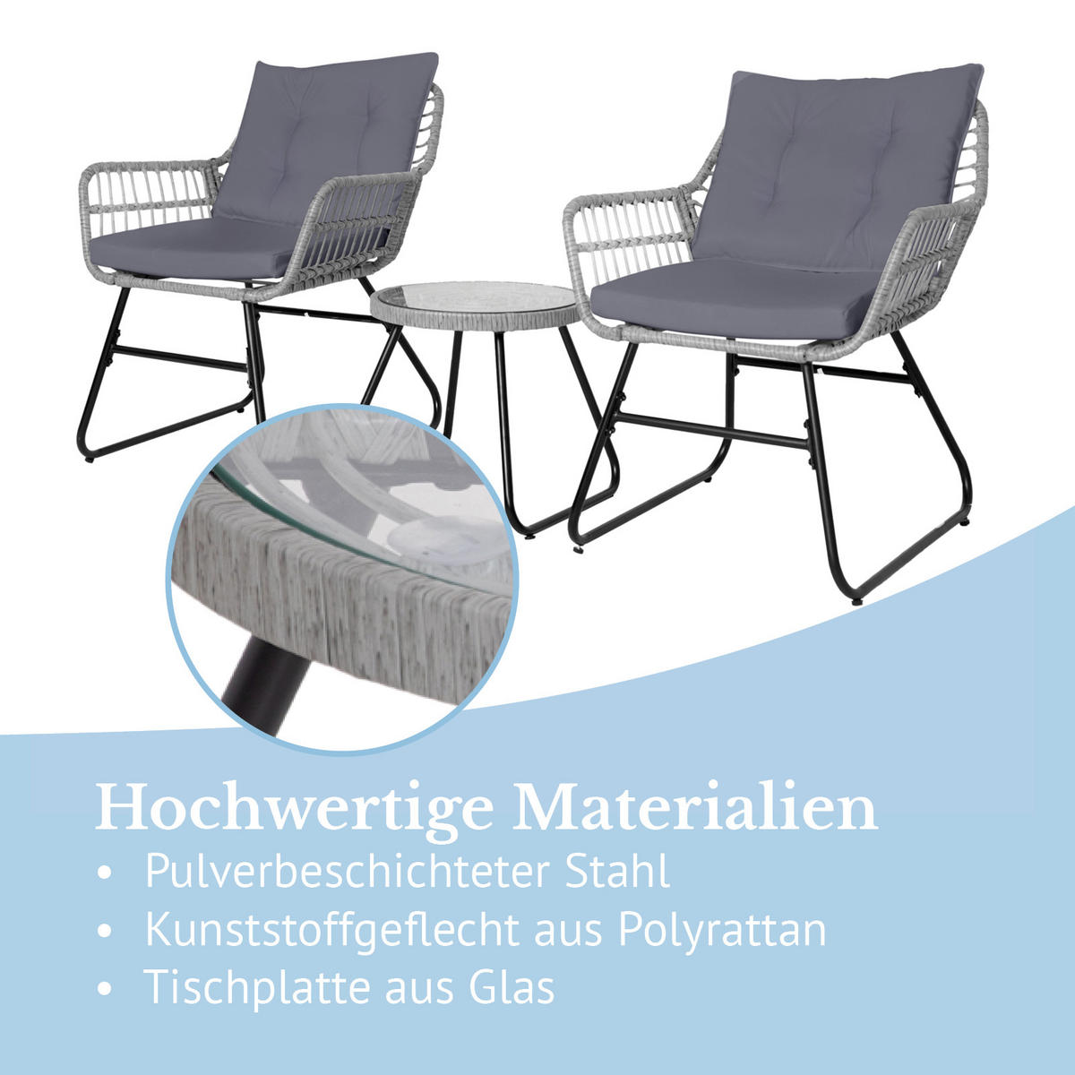 BALKONSET 3-teilig aus Rattan, hellgrau - Hellgrau, Kunststoff - SVITA