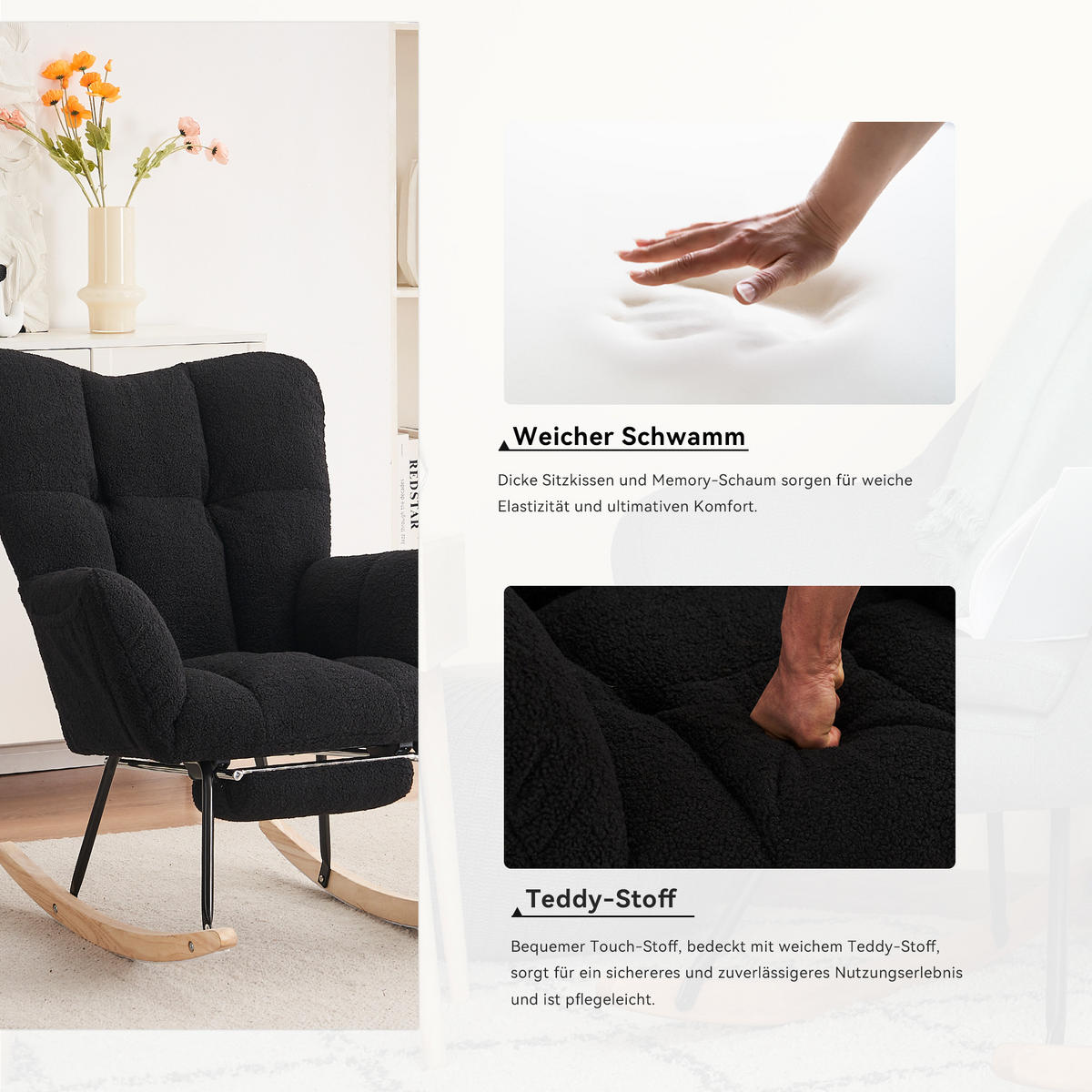 SCHAUKELSTUHL Teddy-Stoff mit klappbarer Fußablage 80/98/98.5 cm Schwarz - Schwarz, Textil (98/98.5/80cm) - Redom