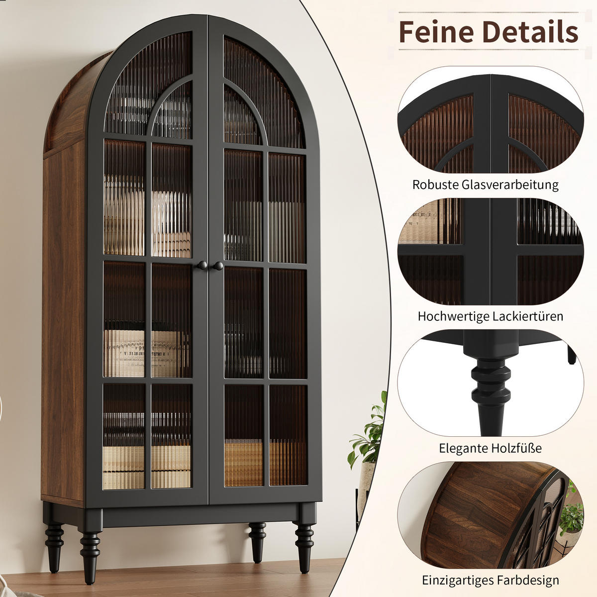 HOCHSCHRANK VITRINE Glastür Holzmaserung Bogen - Schwarz, Holzwerkstoff (76/165/35.5cm) - FLIEKS