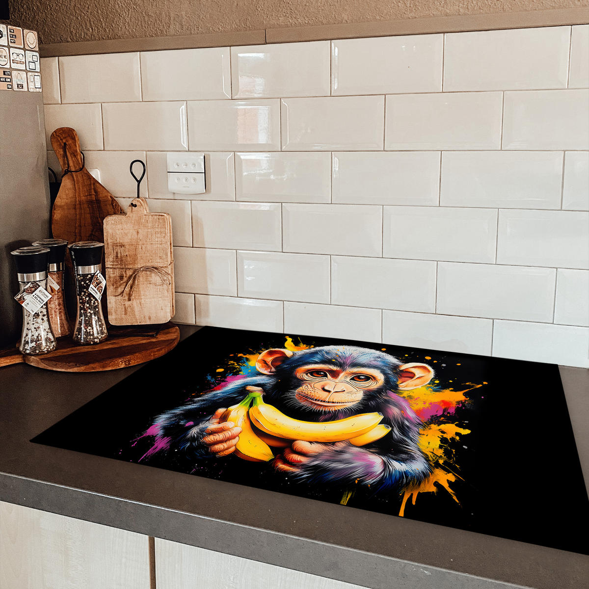 HERDABDECKPLATTE Affe - Graffiti - Farbenfroh - Bananen - Modern 76x51 cm - Gelb, Kunststoff (76/0.2/51.5cm) - MuchoWow
