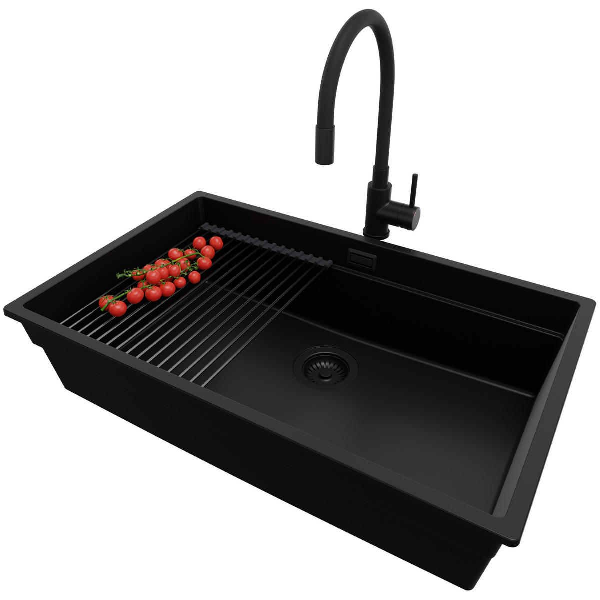 UNTERBAUSPÜLE GRANIT Praga, 2-er set Schwarz 76/47 cm 1 Becken + Küchenarmatur 40/38 cm + Ablauf-Set + Aufrollbare Abtropffläche ab 80er Unterschrank - Schwarz, Kunststoff (76/20/47cm) - Primagran