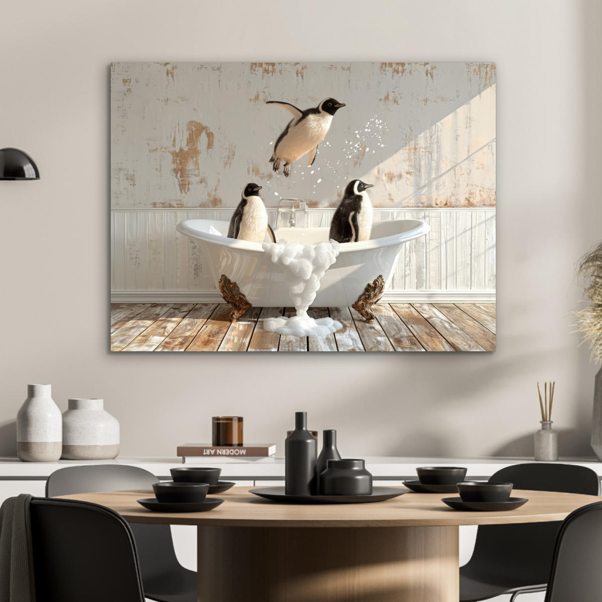 KOVOVÝ OBRAZ Vintage - Tučniak - Vaňa - Pena 80x60 cm - čierna, kov (80/60cm) - MuchoWow