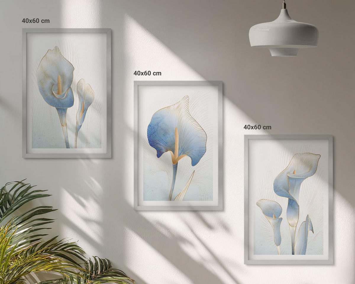 WANDBILDER 3er Set - 40x60 cm Silberner Rahmen - Blaue Blumen im Hintergrund - Silberfarben, Kunststoff (40/60cm) - ArtPrintCave