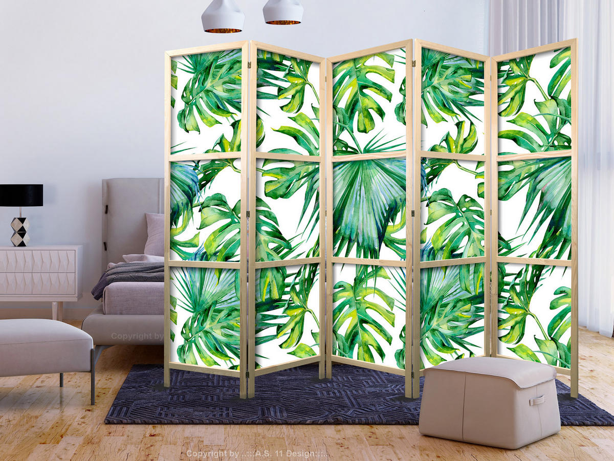PARAVENT Japanischer 5-tlg 225x172 cm Tropische Bl tter - Grün, Holz/Textil (225/172/3cm) - Muralo