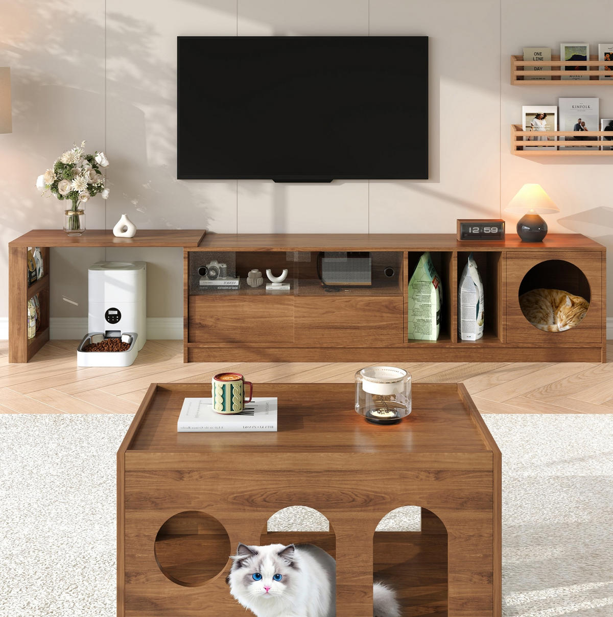 TV-SCHRANK aus MDF und Glas 180x40x50 cm Nussbaum drehbar, ausziehbar mit Katzenruhebereich - Walnussfarben, Holzwerkstoff (180/50/40cm) - Modfu