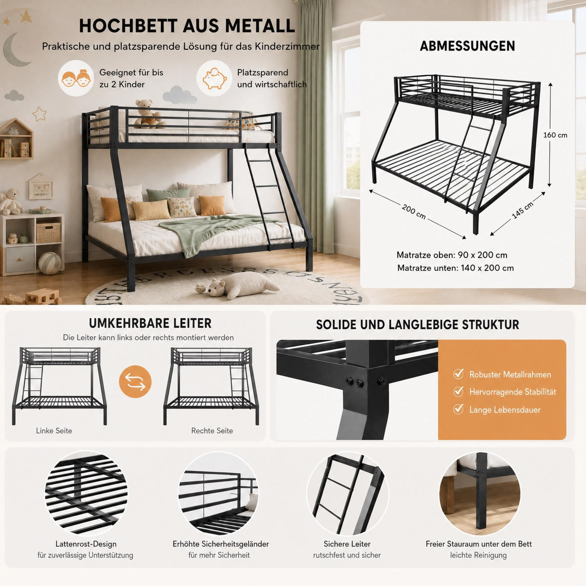 ETAGENBETT aus Metall 90/140x200 cm Schwarz mit beidseitig montierbarer Leiter - Schwarz, Metall (140/200cm) - Modfu