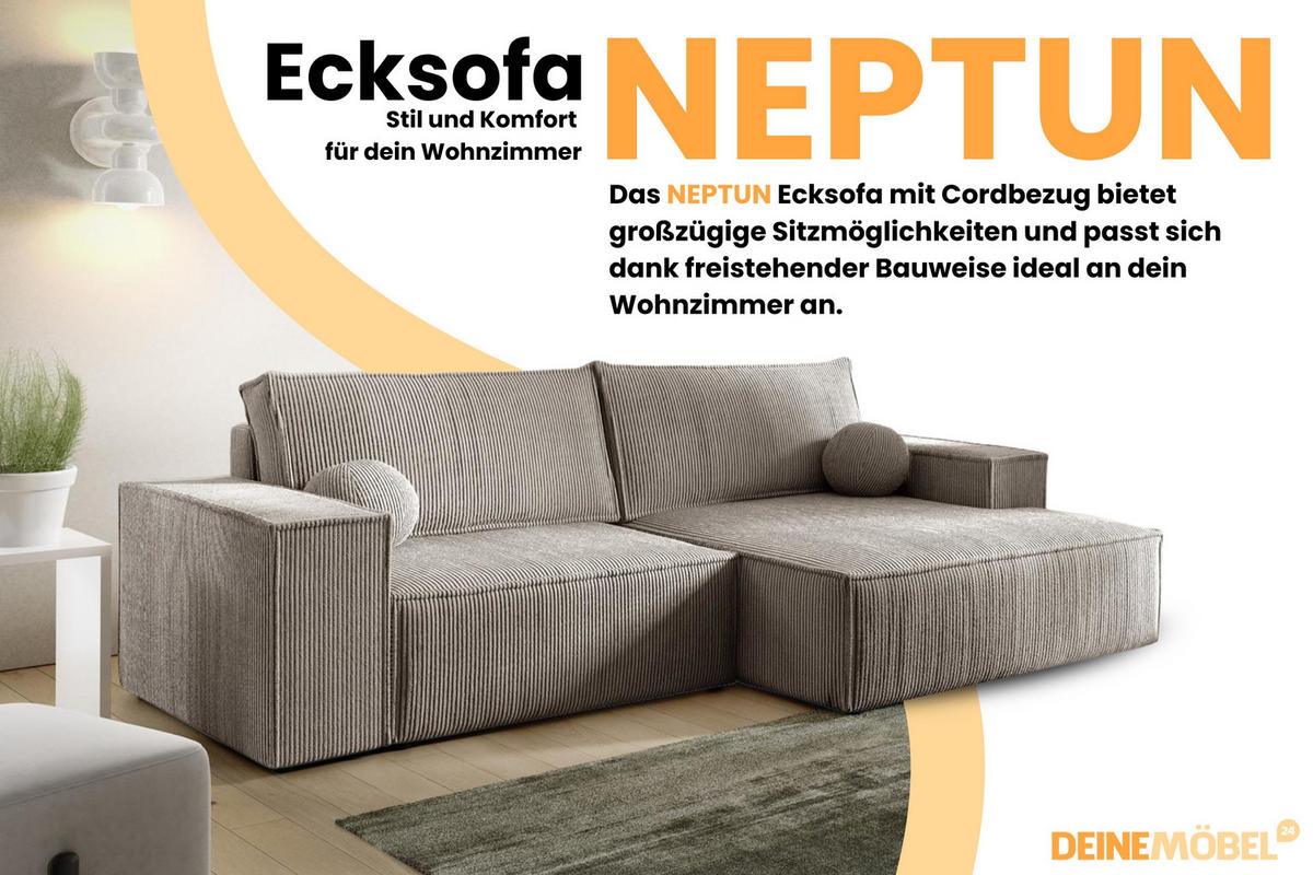 ECKSOFA NEPTUN 255/148 in Cord Beige links - Beige, Holz/Holzwerkstoff (255/148cm) - Deine Möbel 24