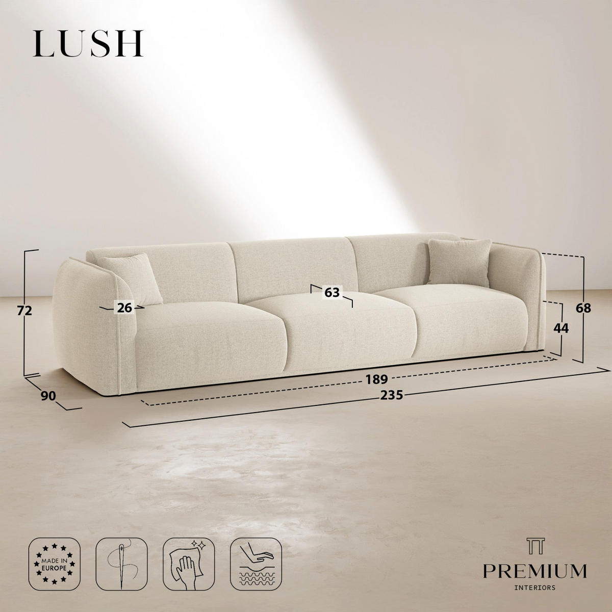 SOFA LUSH Köpergewebe mit weichem Griff Khaki-Grün 235cm - Dunkelgrün/Olivgrün, Textil (235/72.5/90cm) - Premium Interiors