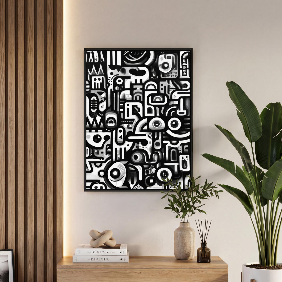 LEINWAND Bilder mit Rahmen - Symbole - Abstrakt - Grafik - Schwarz - 60x80 - Schwarz, Textil (60/80cm) - MuchoWow