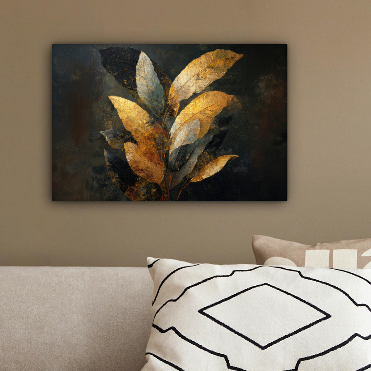 LEINWANDBILD Golden Leaf Komposition - Botanical Luxury Deko Schlafzimmer 30x20 cm - Goldfarben/Schwarz, Textil (30/20cm) - MuchoWow